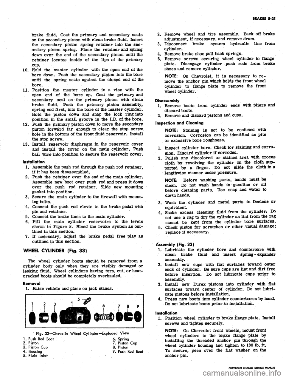 CHEVROLET CAMARO 1967 1.G Chassis Workshop Manual 
BRAKES 5-21

brake fluid. Coat the primary and secondary seals

on the secondary piston with clean brake fluid. Insert

the secondary piston spring retainer into the sec-

ondary piston spring. Place