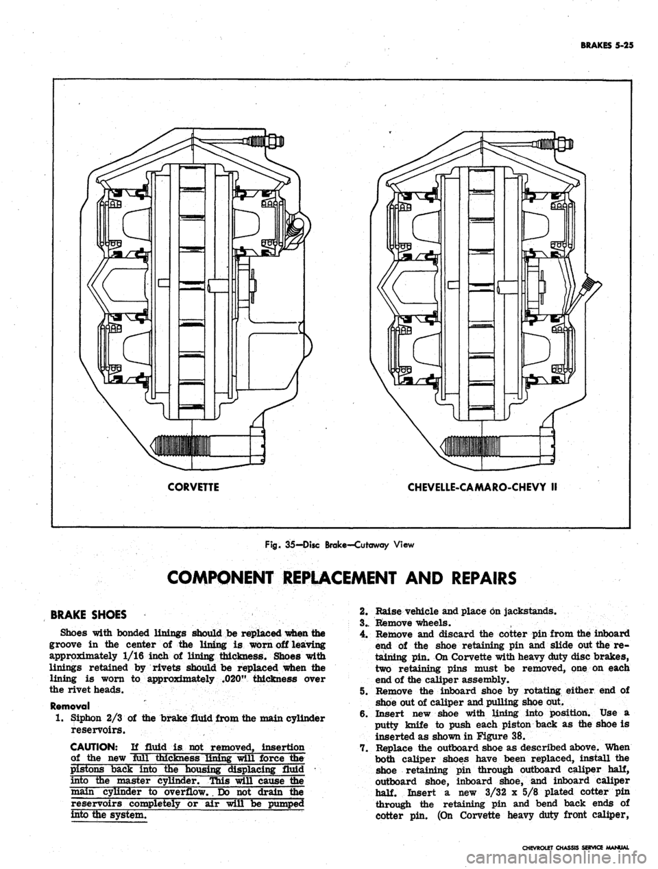 CHEVROLET CAMARO 1967 1.G Chassis User Guide
BRAKES 5-25
CORVETTE
CHEVELLE-CAMARO-CHEVY II
Fig.
35-Disc Brake-Cutaway View
COMPONENT REPLACEMENT AND REPAIRS
BRAKE SHOES
Shoes with bonded linings should be replaced when the
groove in th CHEVROLET CAMARO 1967 1.G Chassis User Guide
BRAKES 5-25
CORVETTE
CHEVELLE-CAMARO-CHEVY II
Fig.
35-Disc Brake-Cutaway View
COMPONENT REPLACEMENT AND REPAIRS
BRAKE SHOES
Shoes with bonded linings should be replaced when the
groove in th