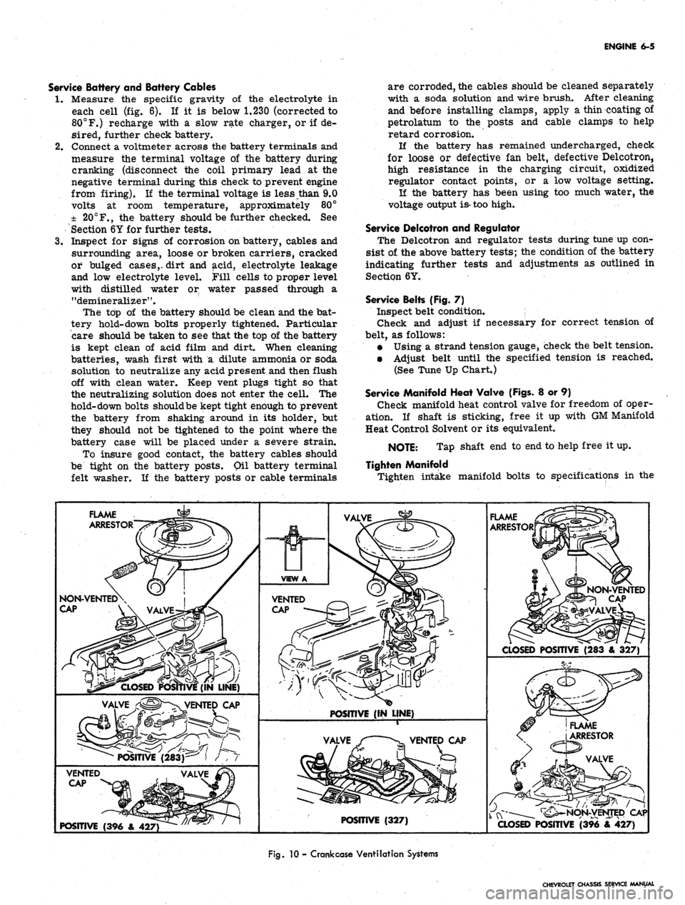 CHEVROLET CAMARO 1967 1.G Chassis Repair Manual 
ENGINE
 6-5

Service Battery and Battery Cables

1.
 Measure the specific gravity of the electrolyte in

each cell (fig. 6). If it is below 1.230 (corrected to

80°F.) recharge with a slow rate char