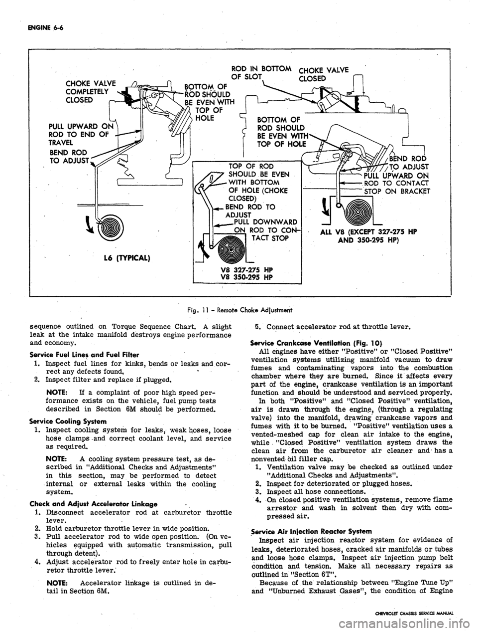 CHEVROLET CAMARO 1967 1.G Chassis Repair Manual 
ENGINE 6-6

CHOKE VALVE

COMPLETELY

CLOSED

PULL UPWARD ON

ROD TO END OF

TRAVEL

BEND ROD

TO ADJUST 
ROD IN BOTTOM

OF SLOT

BOTTOM OF

ROD SHOULD

EVENWITH

TOP OF

HOLE 
CHOKE VALVE

CLOSED

BO