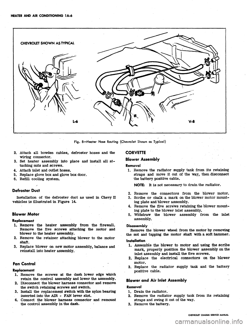 CHEVROLET CAMARO 1967 1.G Chassis Workshop Manual 
HEATER AND AIR CONDITIONING 1A-6

CHEVROLET SHOWN AS TYPICAL

Fig.
 8—Heater Hose Routing (Chevrolet Shown as Typical)

cables, defroster hoses and the

place and install all at-

4.

5.

6. 
Attac