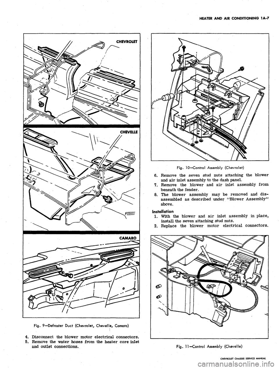 CHEVROLET CAMARO 1967 1.G Chassis Workshop Manual 
HEATER AND AIR CONDITIONING 1A-7

Fig.
 10—Control Assembly (Chevrolet)

6. Remove the seven stud nuts attaching the blower

and air inlet assembly to the dash panel.

7.
 Remove the blower and air