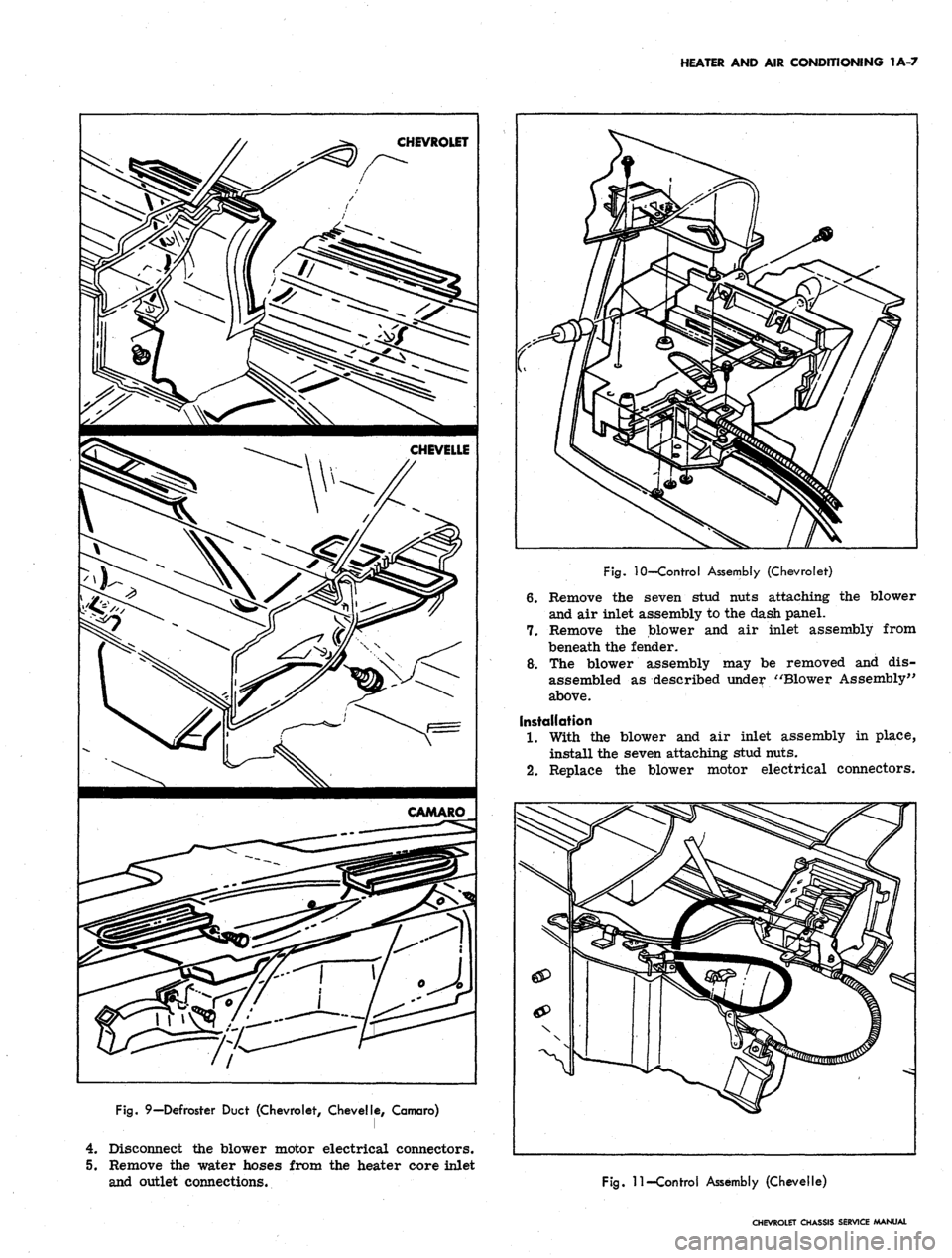 CHEVROLET CAMARO 1967 1.G Chassis Owners Manual
HEATER AND AIR CONDITIONING 1A-7
Fig.
10—Control Assembly (Chevrolet)
6. Remove the seven stud nuts attaching the blower
and air inlet assembly to the dash panel.
7.
Remove the blower and air CHEVROLET CAMARO 1967 1.G Chassis Owners Manual
HEATER AND AIR CONDITIONING 1A-7
Fig.
10—Control Assembly (Chevrolet)
6. Remove the seven stud nuts attaching the blower
and air inlet assembly to the dash panel.
7.
Remove the blower and air