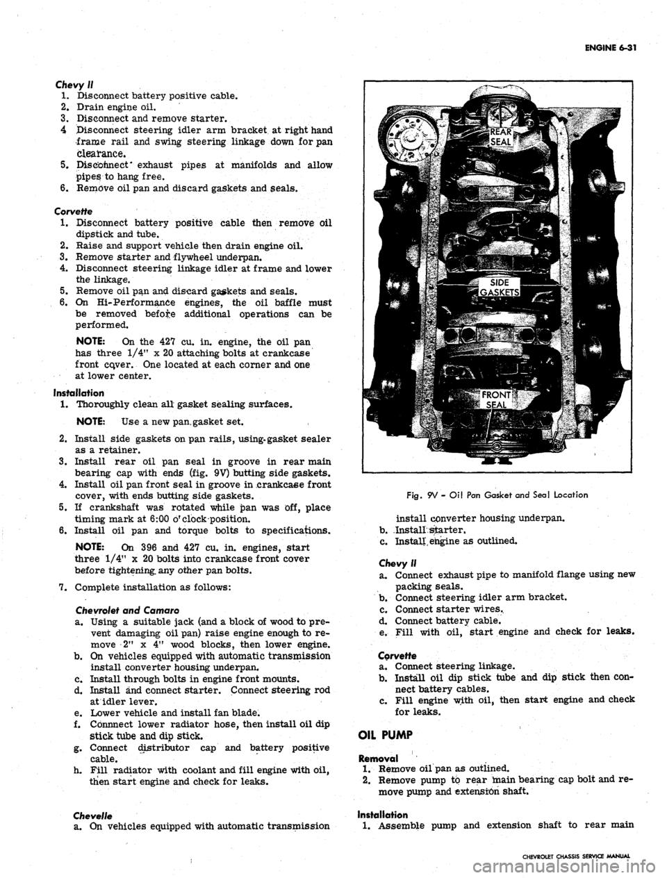 CHEVROLET CAMARO 1967 1.G Chassis User Guide
ENGINE 6-31
Chevy II
1.
Disconnect battery positive cable.
2.
Drain engine oil.
3.
Disconnect and remove starter.
4 Disconnect steering idler arm bracket at right hand
frame rail and swing s CHEVROLET CAMARO 1967 1.G Chassis User Guide
ENGINE 6-31
Chevy II
1.
Disconnect battery positive cable.
2.
Drain engine oil.
3.
Disconnect and remove starter.
4 Disconnect steering idler arm bracket at right hand
frame rail and swing s