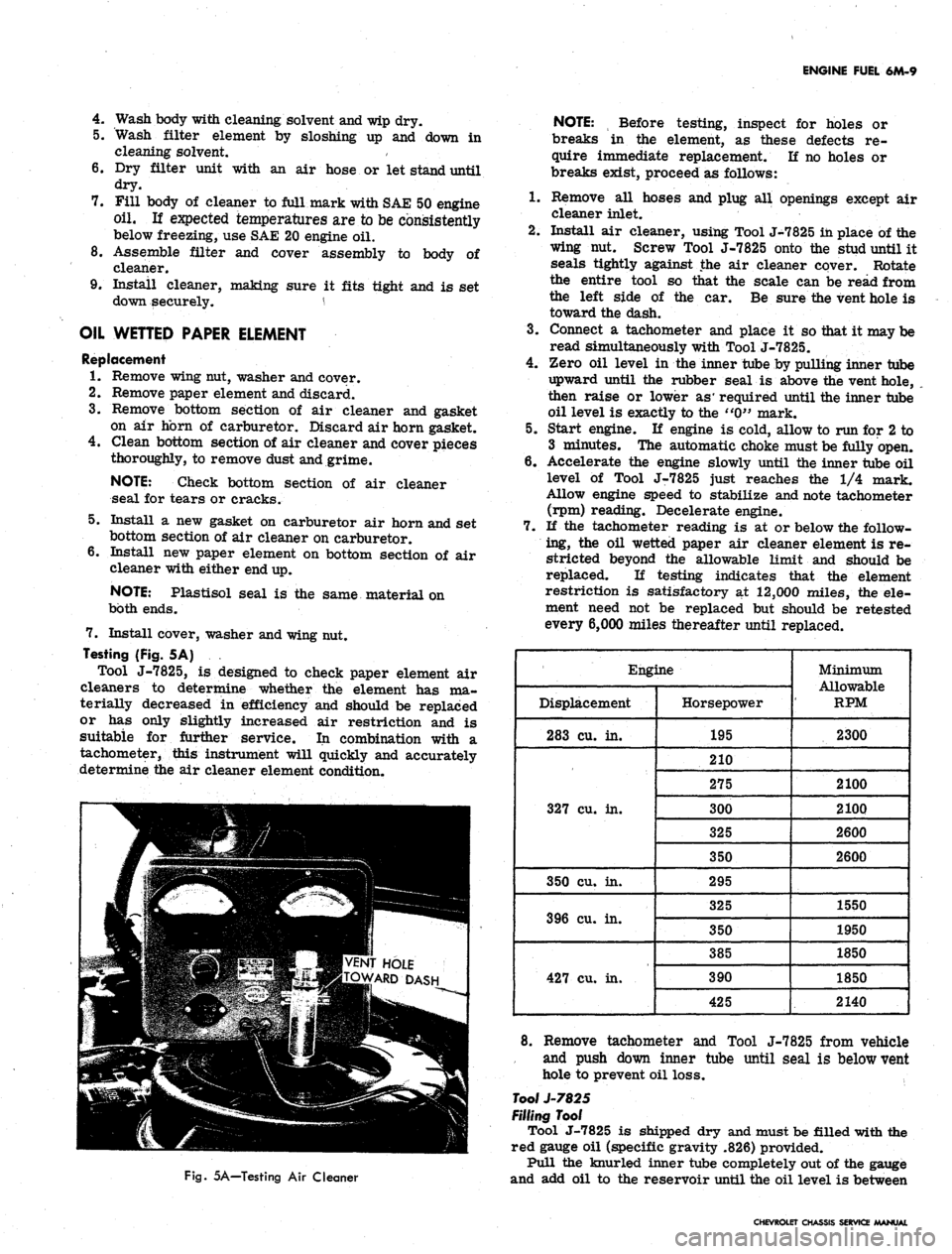 CHEVROLET CAMARO 1967 1.G Chassis Repair Manual 
ENGINE FUEL 6M-9

4.
 Wash body with cleaning solvent and wip dry.

5. Wash filter element by sloshing up and down in

cleaning solvent.

6. Dry filter unit with an air hose or let stand until

dry.
