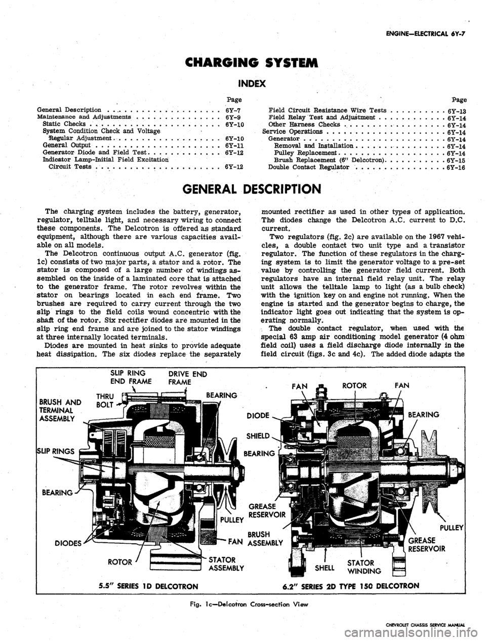 CHEVROLET CAMARO 1967 1.G Chassis Workshop Manual 
ENGINE-ELECTRICAL 6Y-7

CHARGING SYSTEM

INDEX

Page

General Description . 6Y-7

Maintenance and Adjustments 6Y-9

Static Checks . 6Y-10

System Condition Check and Voltage

•Regular Adjustment. 6
