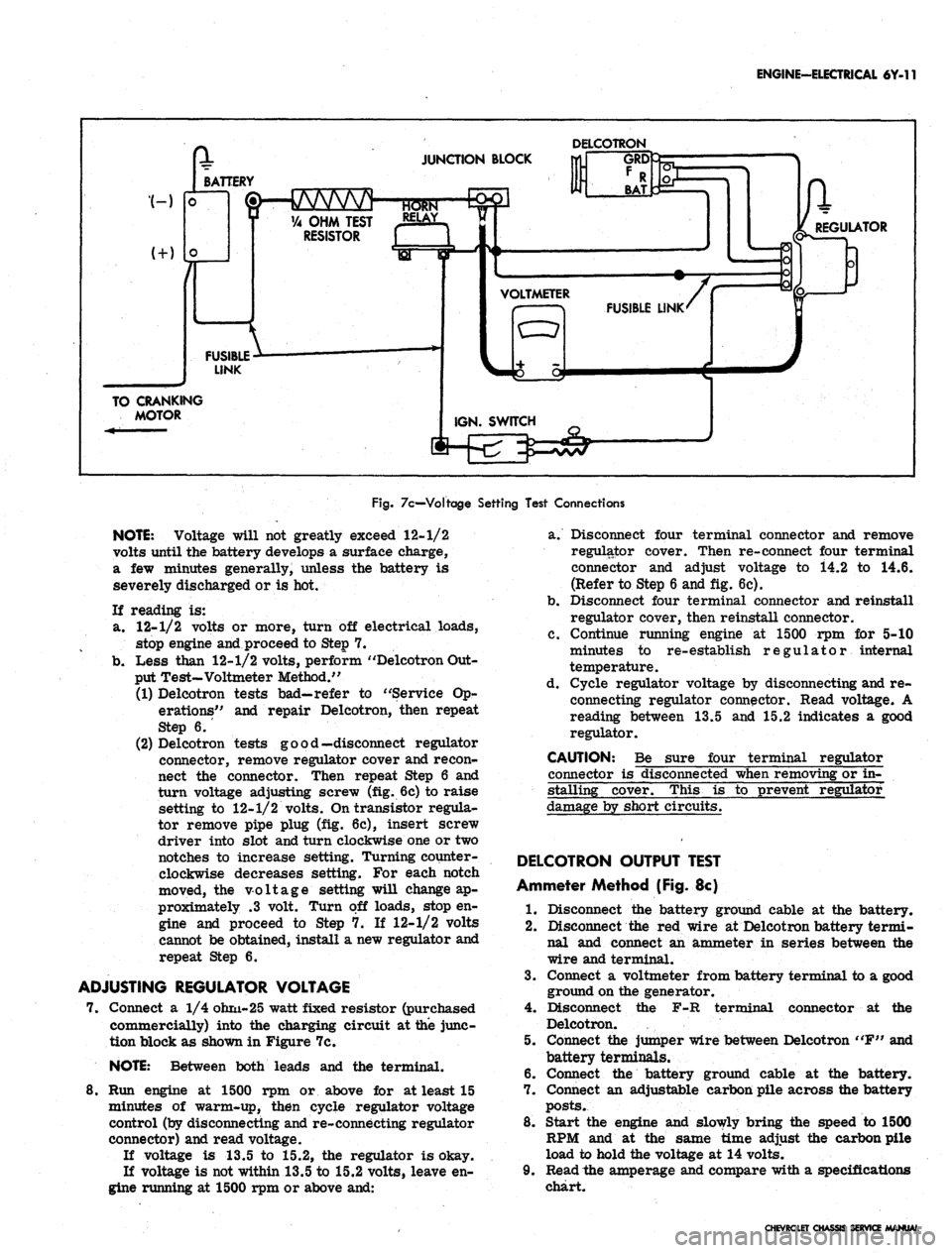 CHEVROLET CAMARO 1967 1.G Chassis Workshop Manual 
ENGINE-ELECTRICAL 6Y-11

I
 BAT 
JUNCTION BLOCK 
DELCOTRON

—GRQ

BATTERY

&HJVVWV

0 VA OHM TEST RELAY >

RESISTOR [ 1 d

FUSIBLE

LINK

TO CRANKING

MOTOR 
Ik

REGULATOR

VOLTMETER

FUSIBLE LINK
