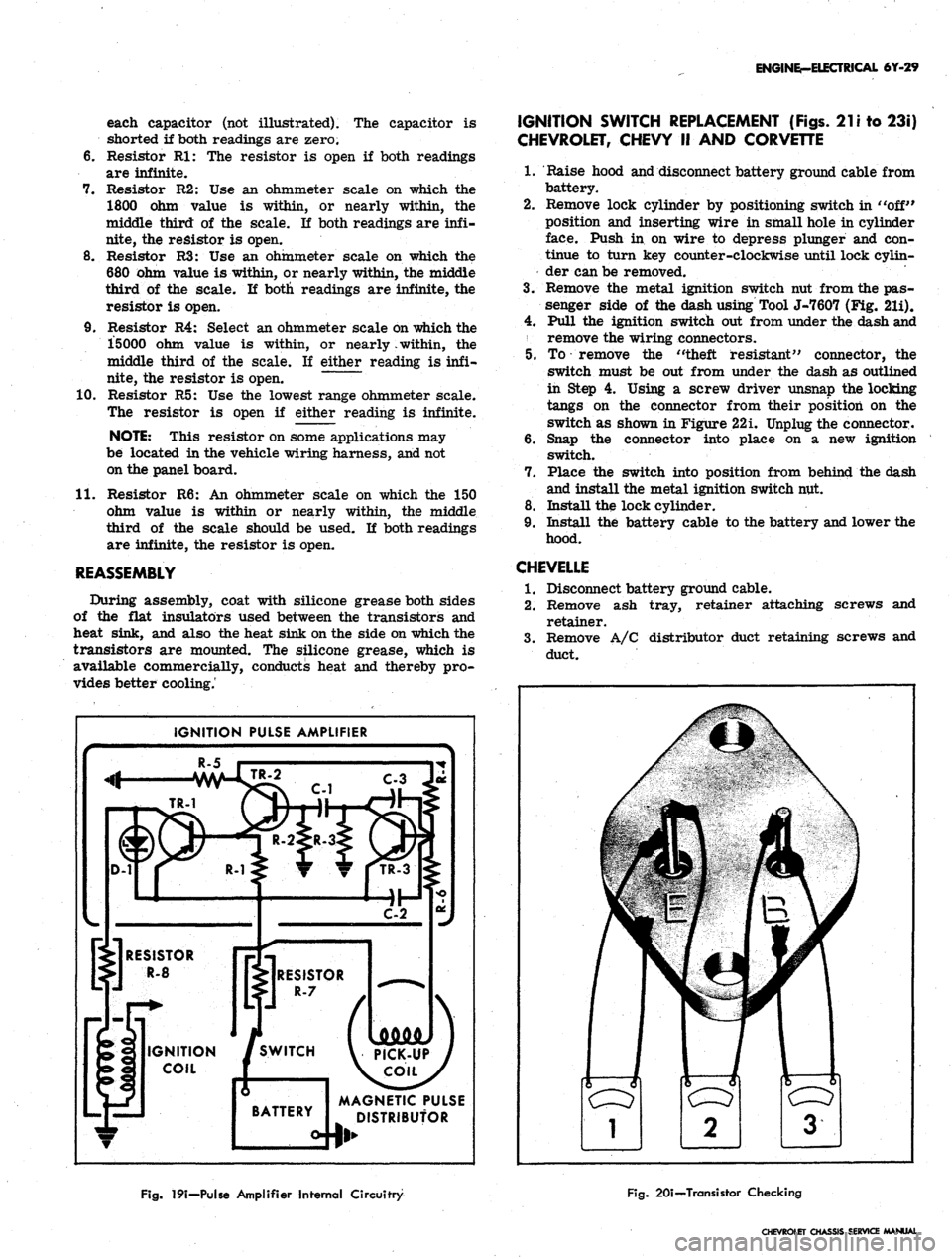 CHEVROLET CAMARO 1967 1.G Chassis Workshop Manual
ENGINE-ELECTRICAL 6Y-29
each capacitor (not illustrated). The capacitor is
shorted if both readings are zero.
6. Resistor Rl: The resistor is open if both readings
are infinite.
7. Resistor R2: CHEVROLET CAMARO 1967 1.G Chassis Workshop Manual
ENGINE-ELECTRICAL 6Y-29
each capacitor (not illustrated). The capacitor is
shorted if both readings are zero.
6. Resistor Rl: The resistor is open if both readings
are infinite.
7. Resistor R2: