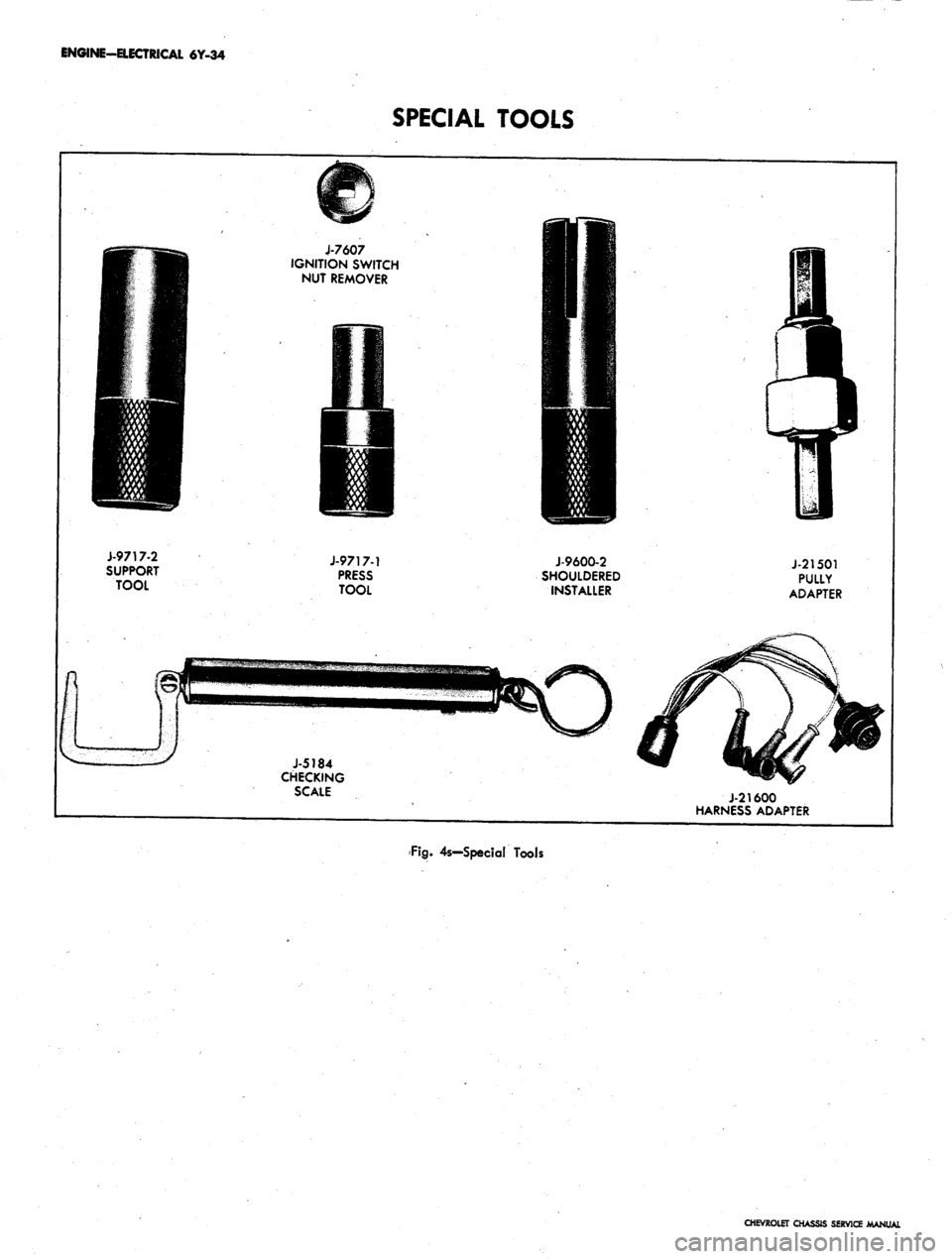 CHEVROLET CAMARO 1967 1.G Chassis Workshop Manual
ENGINE-ELECTRICAL 6Y-34
SPECIAL TOOLS
J-7607
IGNITION SWITCH
NUT REMOVER
J-9717-2
SUPPORT
TOOL
J-9717-1
PRESS
TOOL
J-9600-2
SHOULDERED
INSTALLER
J-21501
PULLY
ADAPTER
J-5184
CHECKIN CHEVROLET CAMARO 1967 1.G Chassis Workshop Manual
ENGINE-ELECTRICAL 6Y-34
SPECIAL TOOLS
J-7607
IGNITION SWITCH
NUT REMOVER
J-9717-2
SUPPORT
TOOL
J-9717-1
PRESS
TOOL
J-9600-2
SHOULDERED
INSTALLER
J-21501
PULLY
ADAPTER
J-5184
CHECKIN