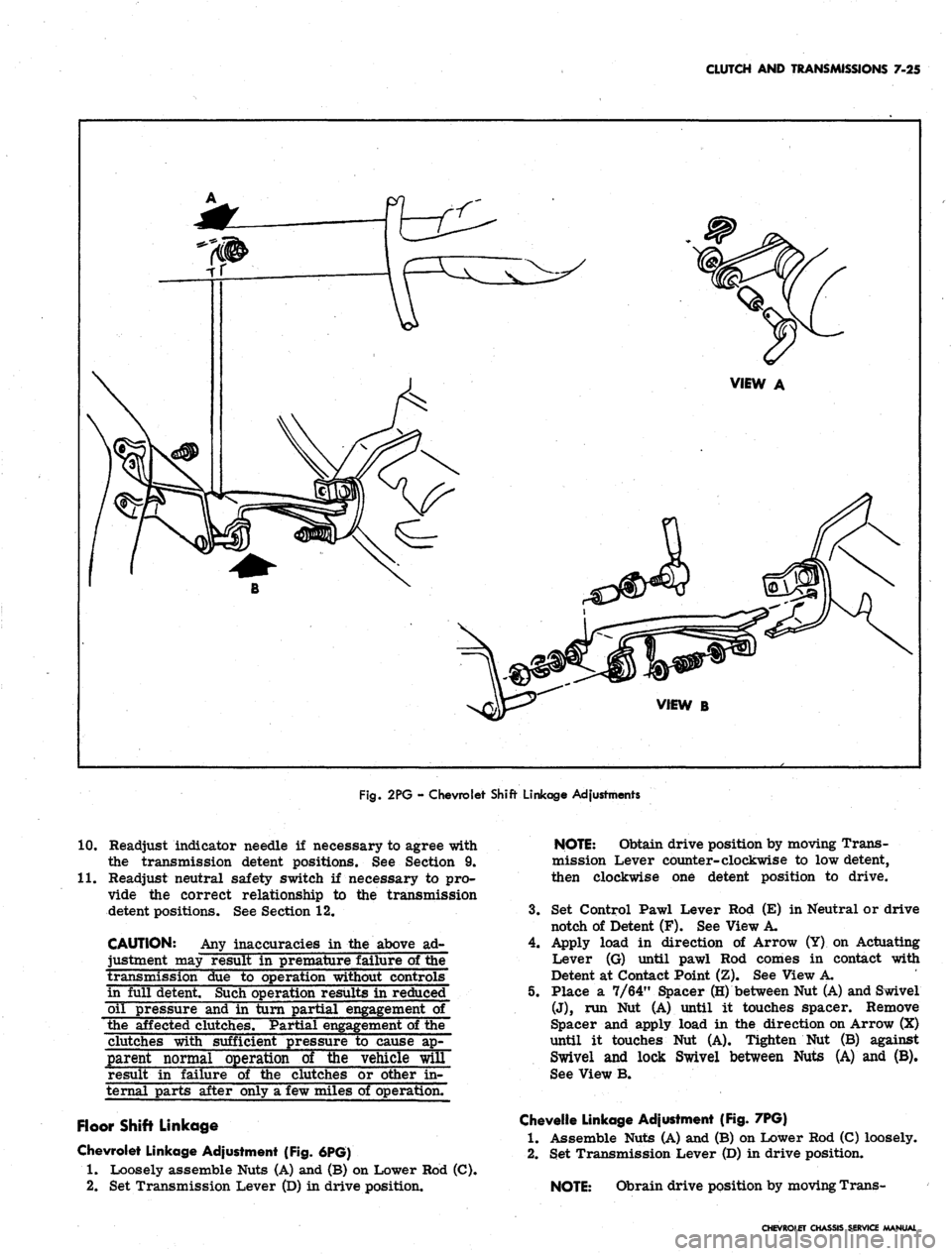 CHEVROLET CAMARO 1967 1.G Chassis User Guide
CLUTCH AND TRANSMISSIONS 7-25
Fig.
2PG - Chevrolet Shift Linkage Adjustments
10.
11.
Readjust indicator needle if necessary to agree with
the transmission detent positions. See Section 9.
Read CHEVROLET CAMARO 1967 1.G Chassis User Guide
CLUTCH AND TRANSMISSIONS 7-25
Fig.
2PG - Chevrolet Shift Linkage Adjustments
10.
11.
Readjust indicator needle if necessary to agree with
the transmission detent positions. See Section 9.
Read