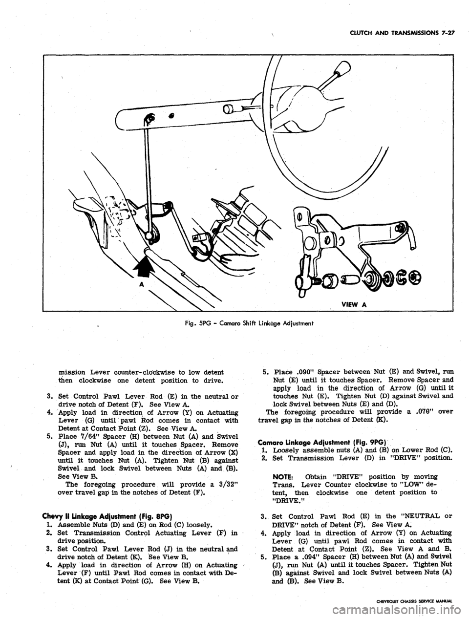 CHEVROLET CAMARO 1967 1.G Chassis User Guide
CLUTCH AND TRANSMISSIONS 7-27
Fig.
5PG - Camaro Shift Linkage Adjustment
mission Lever counter-clockwise to low detent
then clockwise one detent position to drive.
3.
Set Control Pawl Lever
dr CHEVROLET CAMARO 1967 1.G Chassis User Guide
CLUTCH AND TRANSMISSIONS 7-27
Fig.
5PG - Camaro Shift Linkage Adjustment
mission Lever counter-clockwise to low detent
then clockwise one detent position to drive.
3.
Set Control Pawl Lever
dr