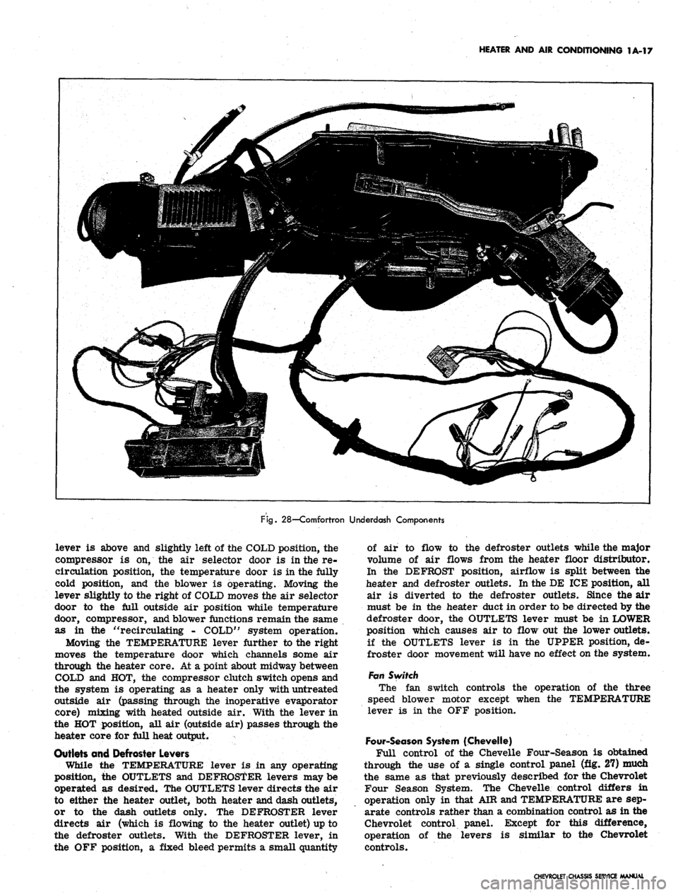 CHEVROLET CAMARO 1967 1.G Chassis Workshop Manual
HEATER AND AIR CONDITIONING 1A-17
i
c
Fig.
28—Comfortron Underdash Components
lever is above and slightly left of the COLD position, the
compressor is on, the air selector door is in the re-
CHEVROLET CAMARO 1967 1.G Chassis Workshop Manual
HEATER AND AIR CONDITIONING 1A-17
i
c
Fig.
28—Comfortron Underdash Components
lever is above and slightly left of the COLD position, the
compressor is on, the air selector door is in the re-