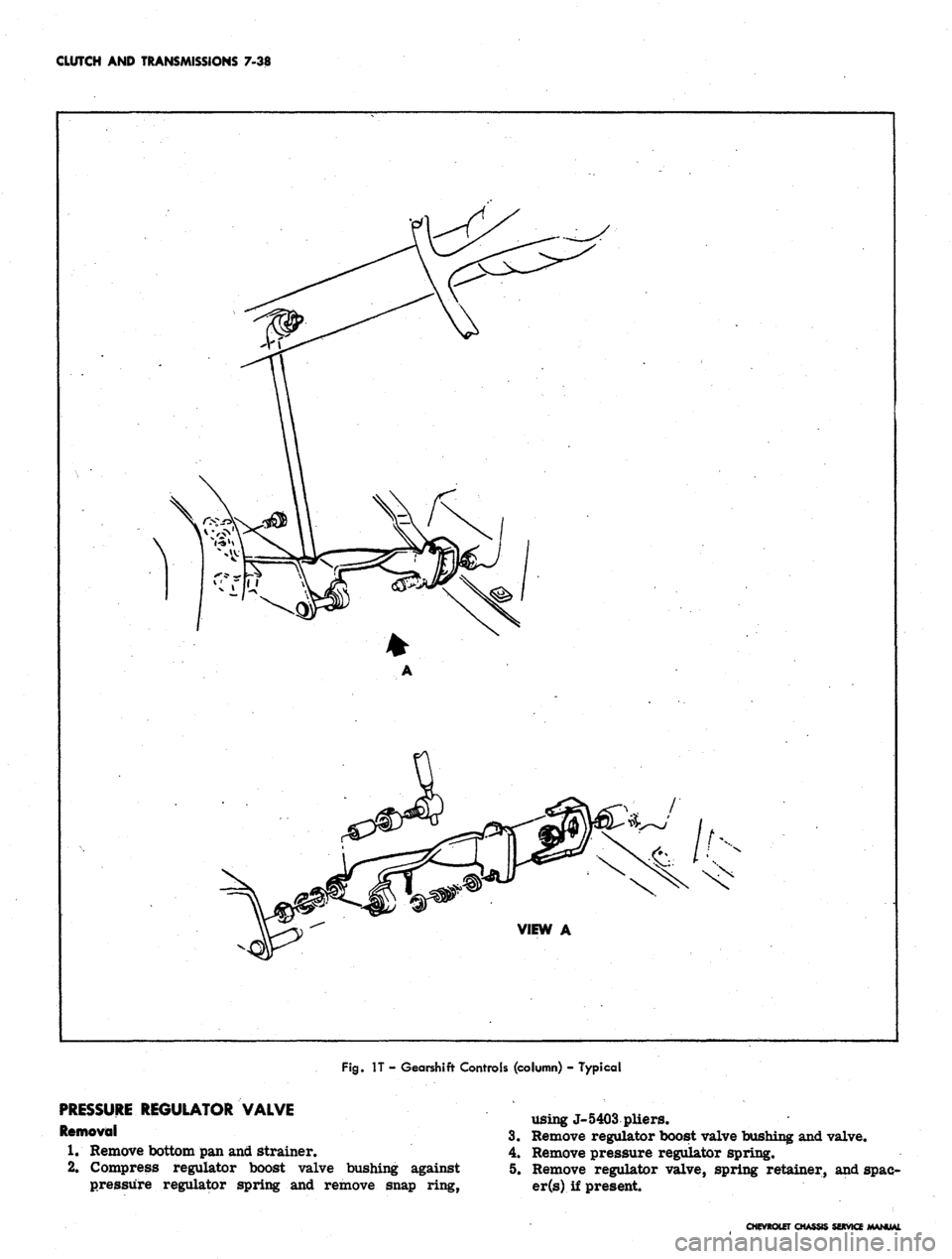 CHEVROLET CAMARO 1967 1.G Chassis Workshop Manual
CLUTCH AND TRANSMISSIONS 7-38
Fig.
IT - Gearshift- Controls (column) - Typical
PRESSURE REGULATOR VALVE
Removal
1.
Remove bottom pan and Strainer.
2.
Compress regulator boost valve bushing ag CHEVROLET CAMARO 1967 1.G Chassis Workshop Manual
CLUTCH AND TRANSMISSIONS 7-38
Fig.
IT - Gearshift- Controls (column) - Typical
PRESSURE REGULATOR VALVE
Removal
1.
Remove bottom pan and Strainer.
2.
Compress regulator boost valve bushing ag