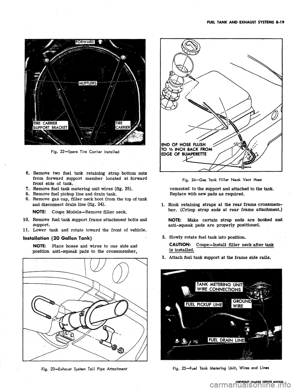 CHEVROLET CAMARO 1967 1.G Chassis Repair Manual 
FUEL TANK AND EXHAUST SYSTEMS 8-19

Fig.
 22—Spare Tire Carrier Installed

6. Remove two fuel tank retaining strap bottom nuts

from forward support member located at forward

front side of tank.

