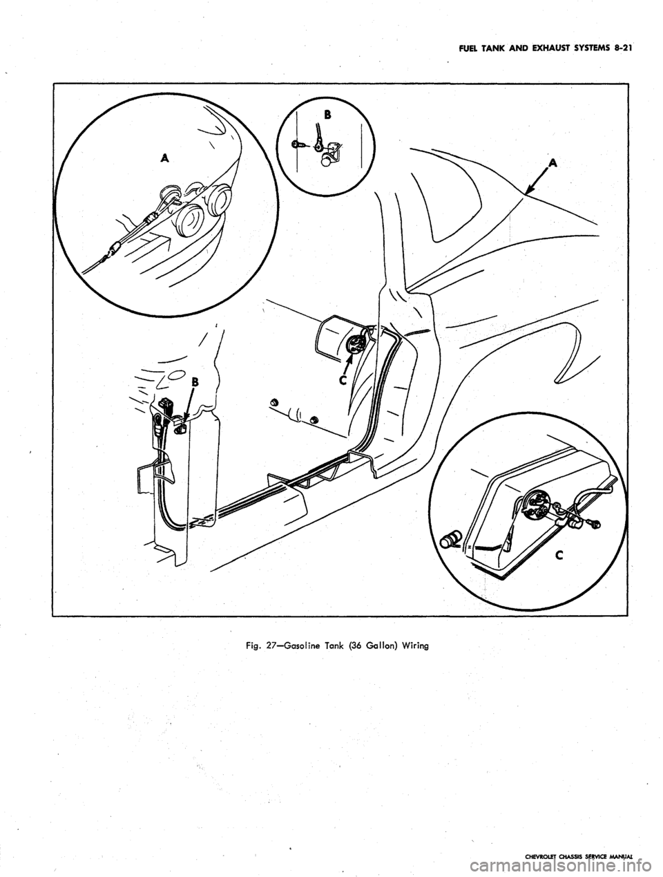 CHEVROLET CAMARO 1967 1.G Chassis Workshop Manual
FUEL TANK AND EXHAUST SYSTEMS 8-21
Fig.
27-Gasoline Tank (36 Gallon) Wiring
CHEVROLET CHASSIS SERVICE MANUAL CHEVROLET CAMARO 1967 1.G Chassis Workshop Manual
FUEL TANK AND EXHAUST SYSTEMS 8-21
Fig.
27-Gasoline Tank (36 Gallon) Wiring
CHEVROLET CHASSIS SERVICE MANUAL