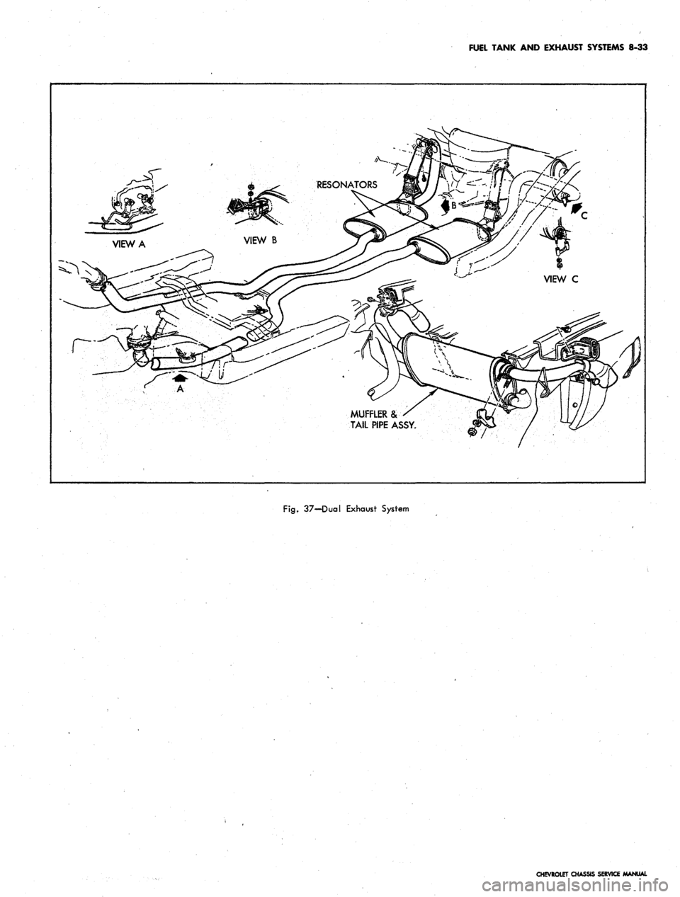 CHEVROLET CAMARO 1967 1.G Chassis Workshop Manual
FUEL TANK AND EXHAUST SYSTEMS 8-33
MUFFLER &
TAIL PIPE ASSY.
Fig.
37—Dual Exhaust System
CHEVROLET CHASSIS SERVICE MANUAL CHEVROLET CAMARO 1967 1.G Chassis Workshop Manual
FUEL TANK AND EXHAUST SYSTEMS 8-33
MUFFLER &
TAIL PIPE ASSY.
Fig.
37—Dual Exhaust System
CHEVROLET CHASSIS SERVICE MANUAL
