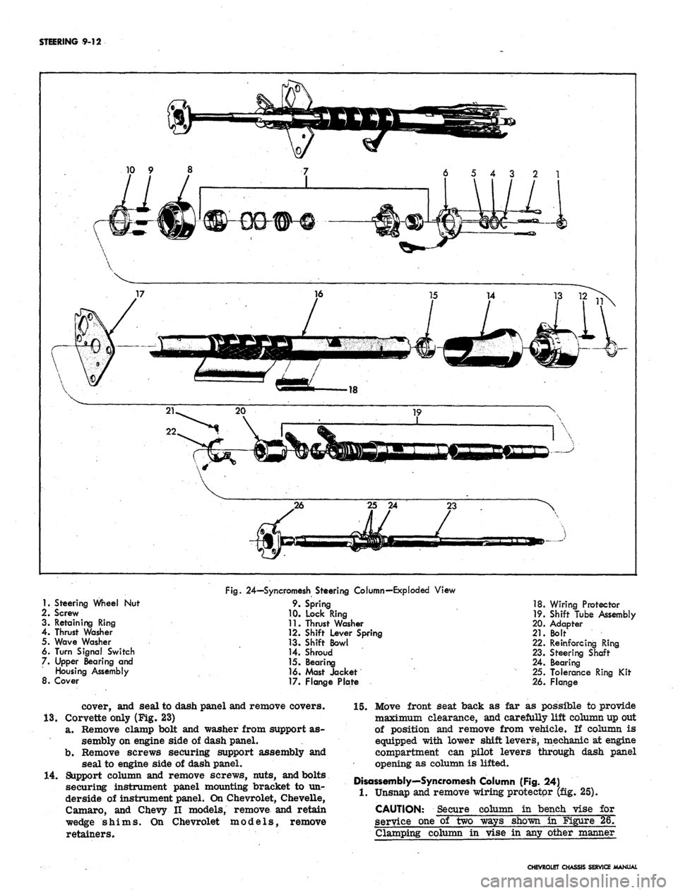 CHEVROLET CAMARO 1967 1.G Chassis Workshop Manual
STEERING 9-12
1.
Steering Wheel Nut
2i Screw
3. Retaining Ring
4.
Thrust Washer
5. Wave Washer
6. Turn Signal Switch
7. Upper Bearing and
Housing Assembly
8. Cover
Fig.
24—Syncromesh S CHEVROLET CAMARO 1967 1.G Chassis Workshop Manual
STEERING 9-12
1.
Steering Wheel Nut
2i Screw
3. Retaining Ring
4.
Thrust Washer
5. Wave Washer
6. Turn Signal Switch
7. Upper Bearing and
Housing Assembly
8. Cover
Fig.
24—Syncromesh S