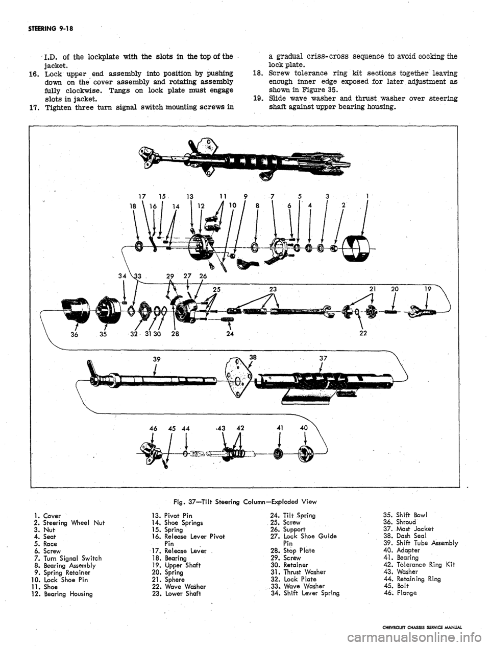 CHEVROLET CAMARO 1967 1.G Chassis Service Manual
STEERING 9-18
I.D. of the lockplate with the slots in the top of the
jacket.
16.
Lock upper end assembly into position by pushing 18.
down on the cover assembly and rotating assembly
fully cloc CHEVROLET CAMARO 1967 1.G Chassis Service Manual
STEERING 9-18
I.D. of the lockplate with the slots in the top of the
jacket.
16.
Lock upper end assembly into position by pushing 18.
down on the cover assembly and rotating assembly
fully cloc