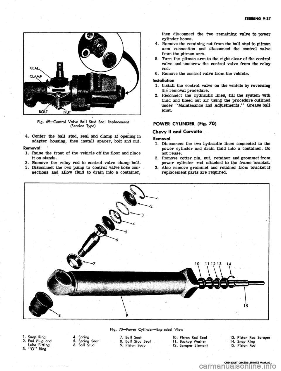 CHEVROLET CAMARO 1967 1.G Chassis Workshop Manual 
STEERING 9-37

NUT

Fig.
 69—Control Valve Ball Stud Seal Replacement

(Service Type)

4.
 Center the ball stud, seal and clamp at opening in

adapter housing, then install spacer, bolt and nut.

R