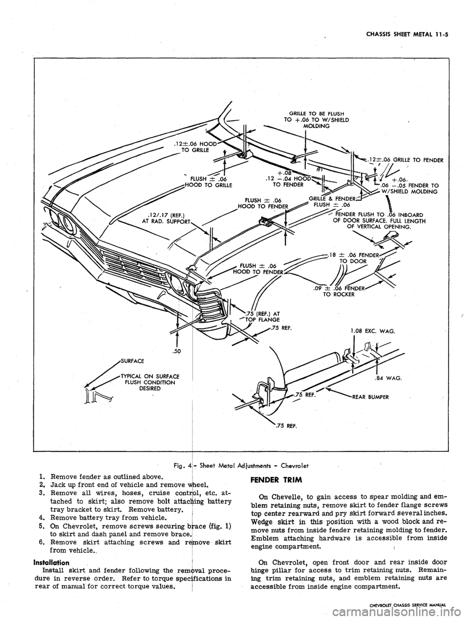 CHEVROLET CAMARO 1967 1.G Chassis Workshop Manual 
CHASSIS SHEET METAL 11-5

GRILLE TO BE FLUSH

TO +.06 TO W/SHIELD

MOLDING

±.06 GRILLE TO FENDER

.06 -.05 FENDER TO

W/SHIELD MOLDING

GRILLE"
 & FENDER; ~ ~

FLUSH ± .06

FENDER FLUSH TO .06 INB