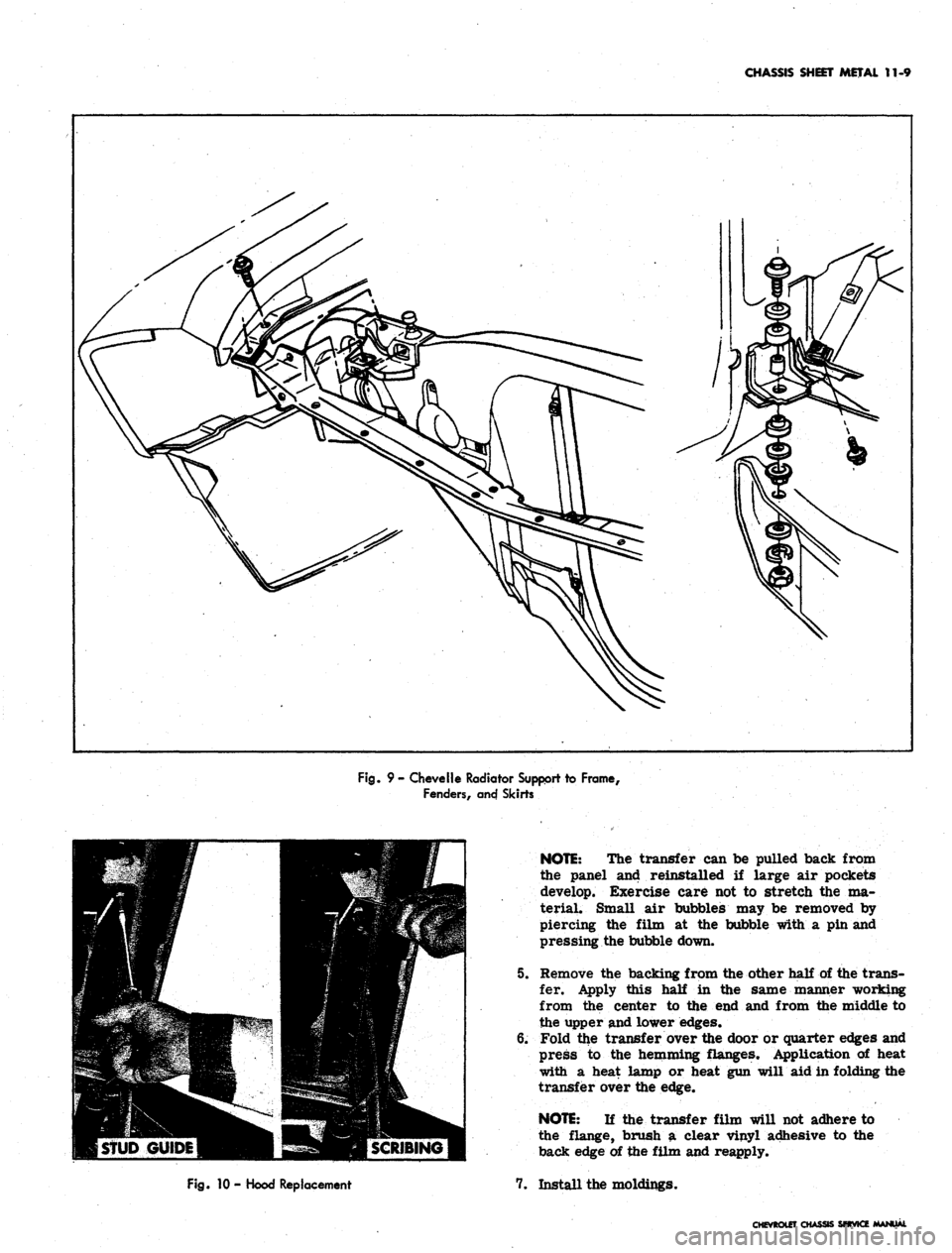 CHEVROLET CAMARO 1967 1.G Chassis Workshop Manual
CHASSIS SHEET METAL 11-9
Fig.
9 - Chevelle Radiator Support to Frame,
Fenders, and Skirts
Fig.
10 - Hood Replacement
NOTE:
The transfer can be pulled back from
the panel and reinstalled if la CHEVROLET CAMARO 1967 1.G Chassis Workshop Manual
CHASSIS SHEET METAL 11-9
Fig.
9 - Chevelle Radiator Support to Frame,
Fenders, and Skirts
Fig.
10 - Hood Replacement
NOTE:
The transfer can be pulled back from
the panel and reinstalled if la