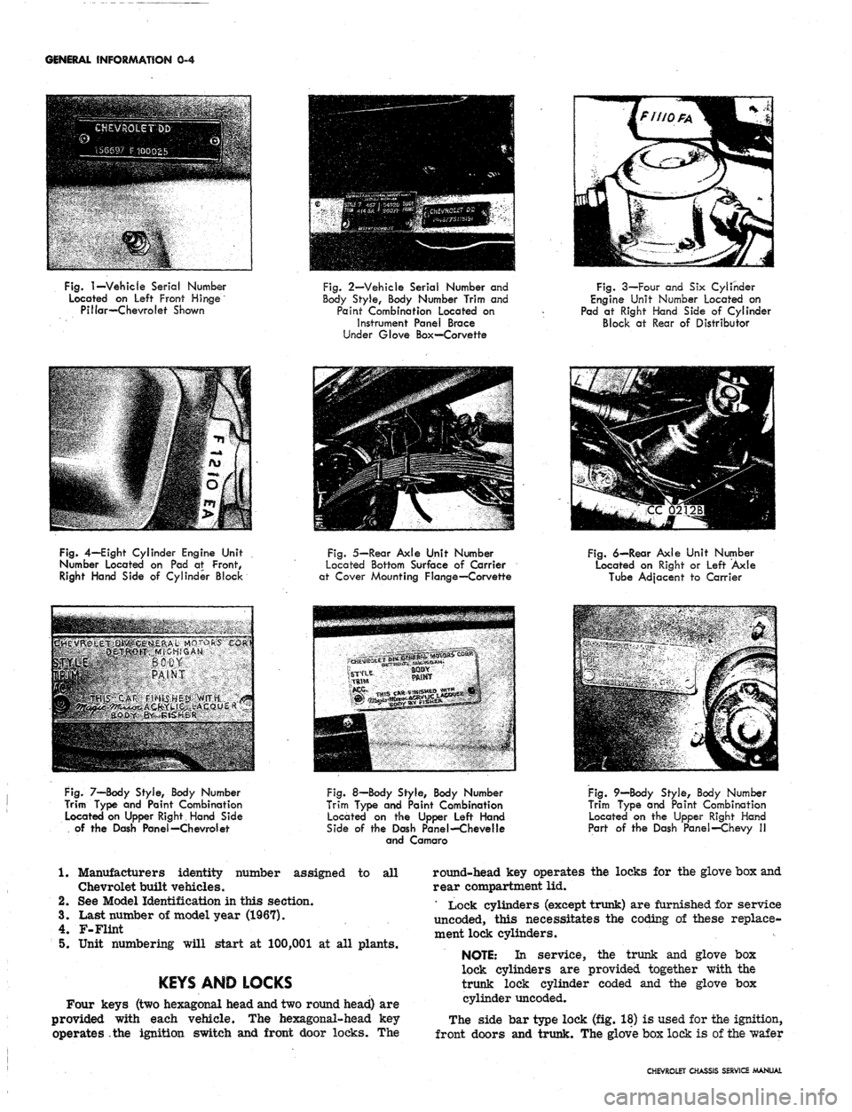 CHEVROLET CAMARO 1967 1.G Chassis Workshop Manual 
GENERAL INFORMATION 0-4

Fig.
 1—Vehicle
 Serial Number

Located on Left Front Hinge

Pillar—Chevrolet Shown 
Fig.
 2—Vehicle Serial Number and

Body Style, Body Number Trim and

Paint Combinat