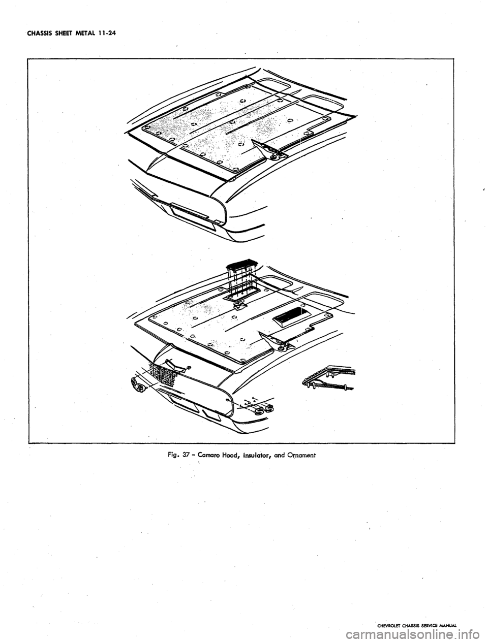 CHEVROLET CAMARO 1967 1.G Chassis Workshop Manual
CHASSIS SHEET METAL 11-24
Fig. 37 - Camaro Hood, Insulator, and Ornament
CHEVROLET CHASSIS SERVICE MANUAL CHEVROLET CAMARO 1967 1.G Chassis Workshop Manual
CHASSIS SHEET METAL 11-24
Fig. 37 - Camaro Hood, Insulator, and Ornament
CHEVROLET CHASSIS SERVICE MANUAL