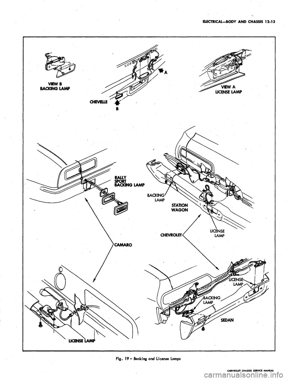 CHEVROLET CAMARO 1967 1.G Chassis Workshop Manual
ELECTRICAL-BODY AND CHASSIS 12-13
VIEWB
BACKING LAMP
VIEW A
LICENSE LAMP
LICENSE
Fig.
19- Backing and License Lamps
CHEVROLET CHASSIS SERVICE MANUAL CHEVROLET CAMARO 1967 1.G Chassis Workshop Manual
ELECTRICAL-BODY AND CHASSIS 12-13
VIEWB
BACKING LAMP
VIEW A
LICENSE LAMP
LICENSE
Fig.
19- Backing and License Lamps
CHEVROLET CHASSIS SERVICE MANUAL