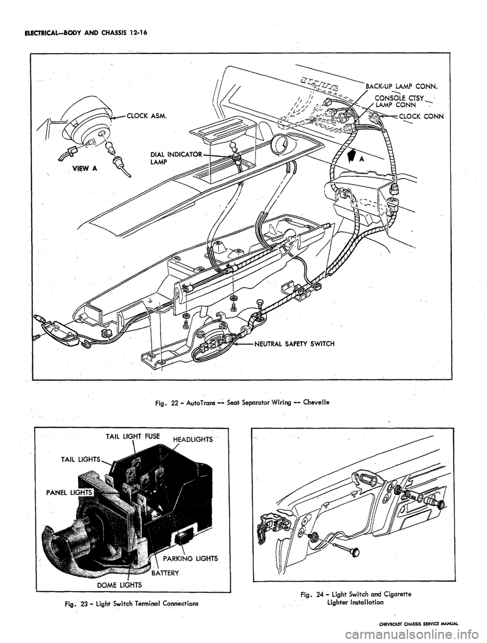 CHEVROLET CAMARO 1967 1.G Chassis Workshop Manual 
ELECTRICAL-BODY AND CHASSIS 12-16

BACK-UP LAMP CONN.

CONSOLE CTSY

LAMP CONN

CLOCK CONN

NEUTRAL SAFETY SWITCH

Fig.
 22 - AutoTrans — Seat- Separator Wiring — Chevelle

TAIL

PANEL Ll<

J 
TA