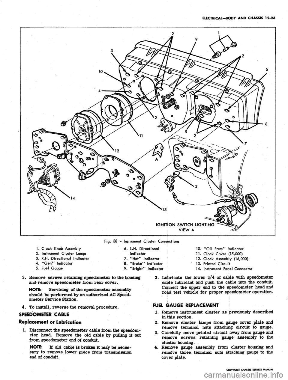 CHEVROLET CAMARO 1967 1.G Chassis Workshop Manual 
ELECTRICAL-BODY AND CHASSIS 12-23

IGNITION SWITCH LIGHTING

VIEW A

1.
 Clock Knob Assembly

2.
 Instrument Cluster Lamps

3. R.H. Directional Indicator

4.
 "Gen*
 Indicator

5. Fuel Gauge 
Fig.
 
