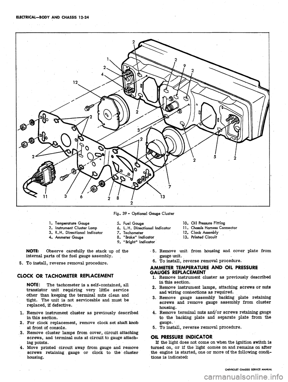 CHEVROLET CAMARO 1967 1.G Chassis Workshop Manual 
ELECTRICAL-BODY AND CHASSIS 12-24

1.
 Temperature Gauge

2.
 Instrument Cluster Lamp

3.
 R.H. Directional Indicator

4.
 Ammeter Gauge 
Fig. 39- Optional Gauge Cluster

5. Fuel Gauge

6. L.H. Direc