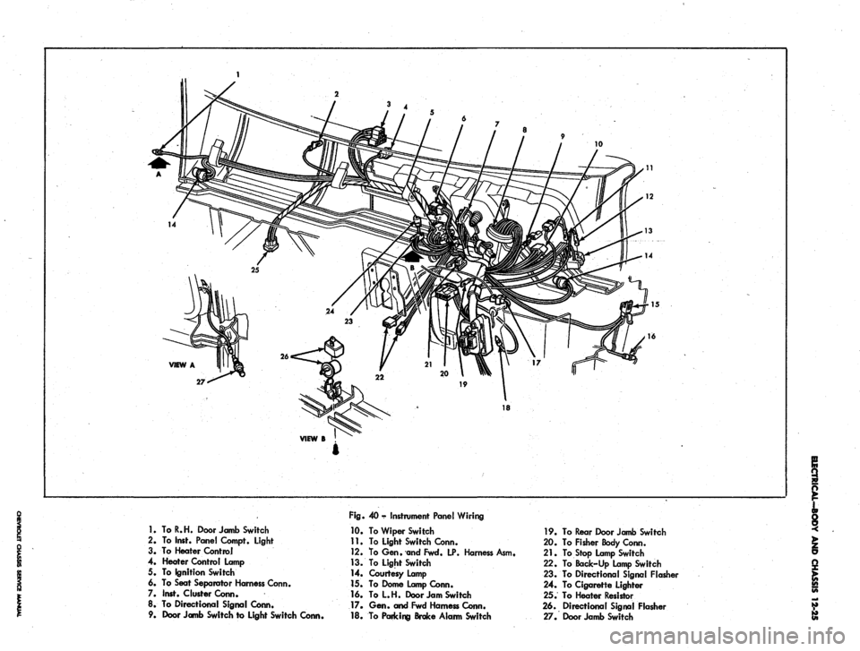 CHEVROLET CAMARO 1967 1.G Chassis Workshop Manual 
10

27

18

1.
 To R. H. Door Jamb Switch

2.
 To Inst. Pane! Compt. Light

3. To Heater Control

4. Heater Control Lamp

5. To Ignition Switch

6. To Seat Separator Harness Conn.

7. Inst. Cluster C