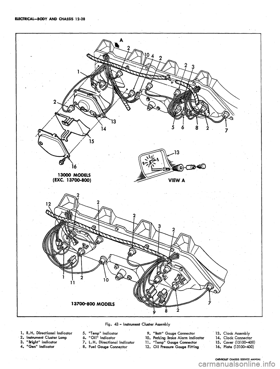 CHEVROLET CAMARO 1967 1.G Chassis Workshop Manual 
ELECTRICAL-BODY
 AND
 CHASSIS
 12-28

13000 MODELS

(EXC.
 13700-800)

VIEW
 A

12

11

13700-800 MODELS

Fig.
 43 -
 Instrumeni- Cluster Assembly

1.
 R.H.
 Directional Indicator

2.
 Instrument Clu