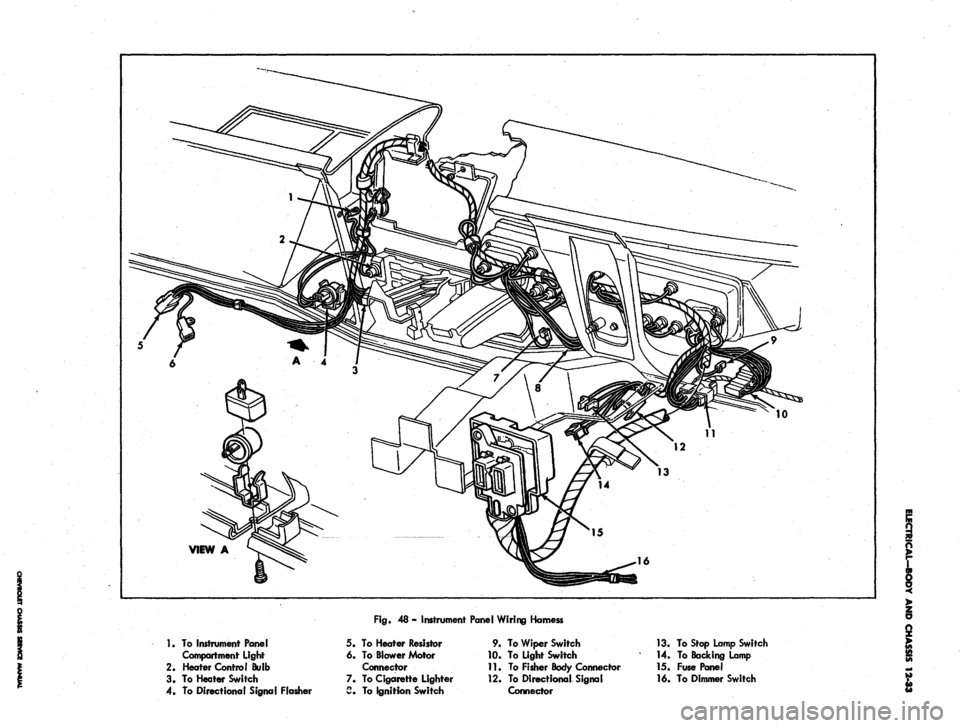 CHEVROLET CAMARO 1967 1.G Chassis Owners Manual 
Fig.
 48 - Instrument Panel Wiring Hamess

1.
 To Instrument Panel

Compartment light

2.
 Heater Control Bulb

3. To Heater Switch

4.
 To Directional Signal Flasher 
5.

6.

7.

a 
To Heater Resist