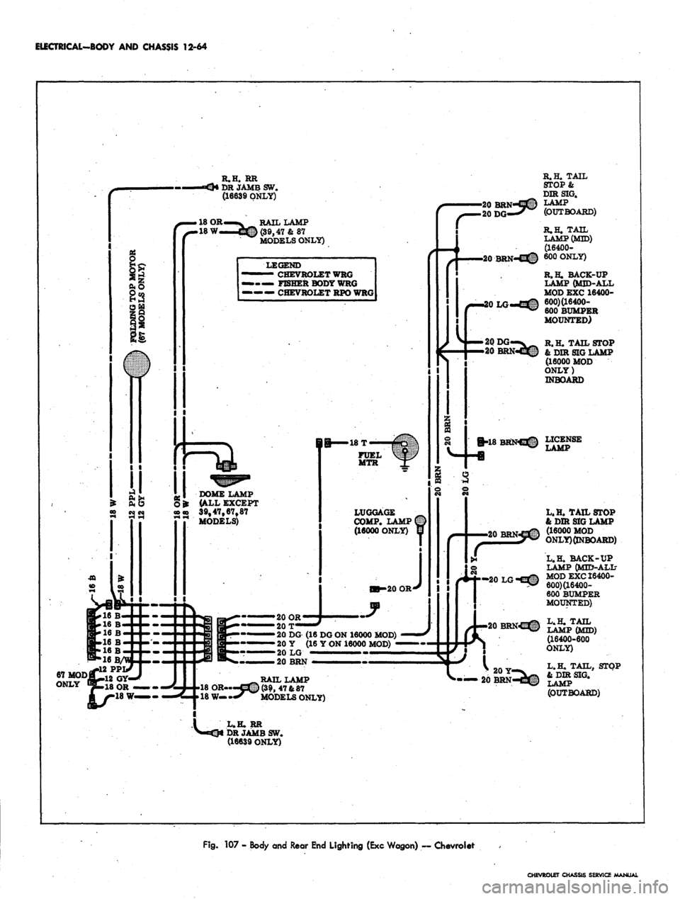 CHEVROLET CAMARO 1967 1.G Chassis Workshop Manual
ELECTRICAL-BODY AND CHASSIS 12-64
R.H. RR
DR JAMB SW.
(16639 ONLY)
O
is
18
OR
.18
W
RAIL LAMP
(39,47
&
87
MODELS ONLY)
1111 CHEVROLET WRG
M._ FISHER BODY WRG
—-— CHEVROLET RPO WR CHEVROLET CAMARO 1967 1.G Chassis Workshop Manual
ELECTRICAL-BODY AND CHASSIS 12-64
R.H. RR
DR JAMB SW.
(16639 ONLY)
O
is
18
OR
.18
W
RAIL LAMP
(39,47
&
87
MODELS ONLY)
1111 CHEVROLET WRG
M._ FISHER BODY WRG
—-— CHEVROLET RPO WR