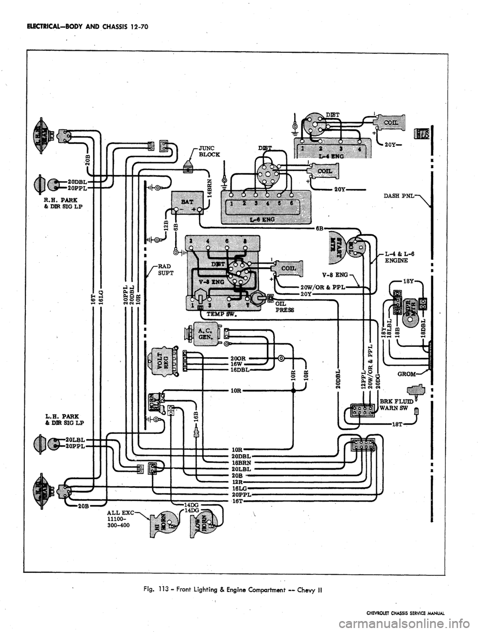 CHEVROLET CAMARO 1967 1.G Chassis Workshop Manual 
ELECTRICAL-BODY AND CHASSIS 12-70

20DBL

16BRN

20LBL

20B -

12R—

Fig.
 113 - Front Lighting & Engine Compartment — Chevy H

CHEVROLET CHASSIS SERVICE MANUAL 