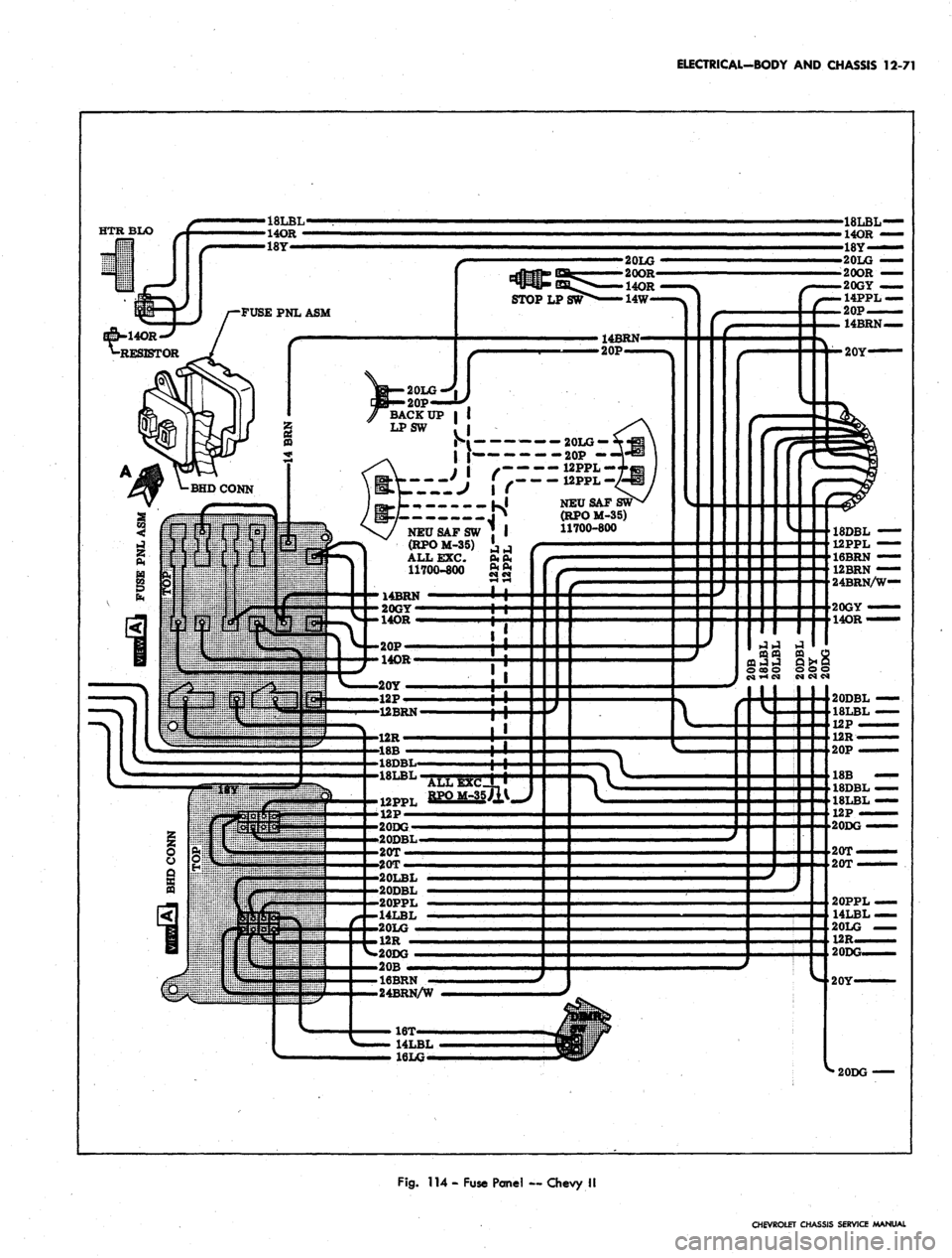 CHEVROLET CAMARO 1967 1.G Chassis Owners Manual 
ELECTRICAL-BODY
 AND
 CHASSIS
 12-71

HTRBIiO

20LG

20OR

14OR

14W-

FUSE
 PNL
 ASM

20LG
 —

20P
 —

12PPL —

12PPL
 —

NEUSAF

(RPO M-35)

11700-800

18DBL

12PPL
 —

16BRN
 —

12BRN