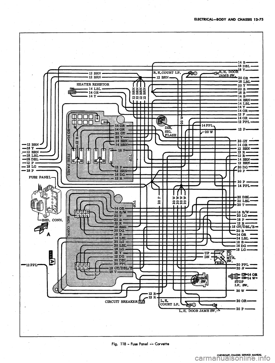 CHEVROLET CAMARO 1967 1.G Chassis Owners Manual 
ELECTRICAL-BODY AND CHASSIS 12-75

12 BRN

12 BRN

HEATER RESISTOR

14 LBL—

14 OR

14 Y

—12PPL—*\

/ 
^.LG 
R. H. COURT LP.

-12 BRN —

cmcurr
 BREAKER! 
.R.H. DOOR

JAMB SW.

20OR-

18 LBL