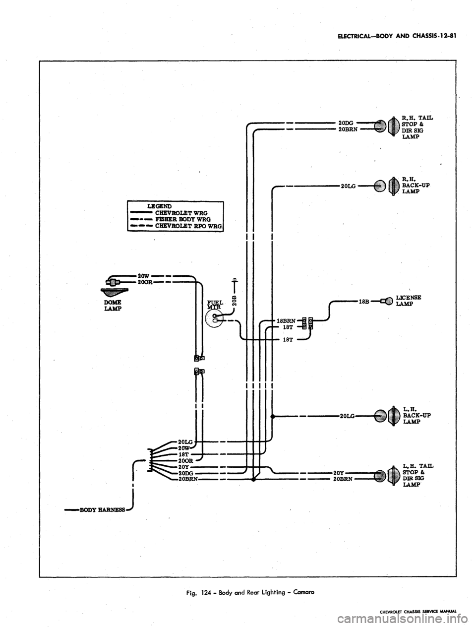 CHEVROLET CAMARO 1967 1.G Chassis Workshop Manual 
ELECTRICAL-BODY AND CHASSIS. 12-81

LEGEND

— CHEVROLET WRG

-— FISHER BODY WRG

•— CHEVROLET RPO WRG 
2ODG
 irnvi

20BRN V!p?|

•20LG 
R.H. TAIL

STOP&

DIRSIG

LAMP

R.H.

BACK-UP

LAMP

