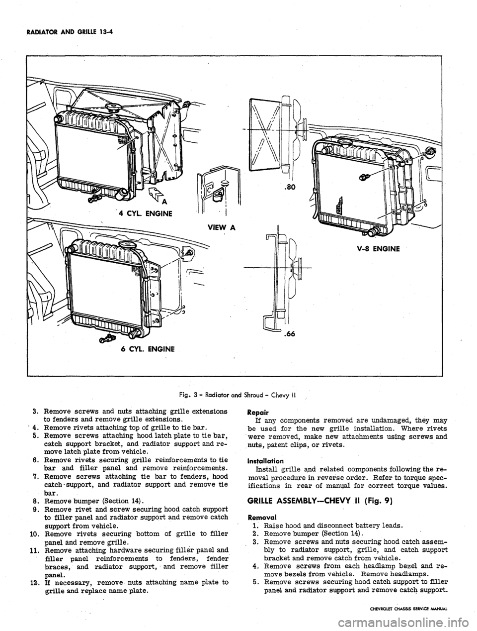 CHEVROLET CAMARO 1967 1.G Chassis User Guide 
RADIATOR
 AND
 GRILLE
 13-4

Fig. 3 - Radiator and Shroud - Chevy II

3.
 Remove screws and nuts attaching grille extensions

to fenders and remove grille extensions.


 4. Remove rivets attaching t