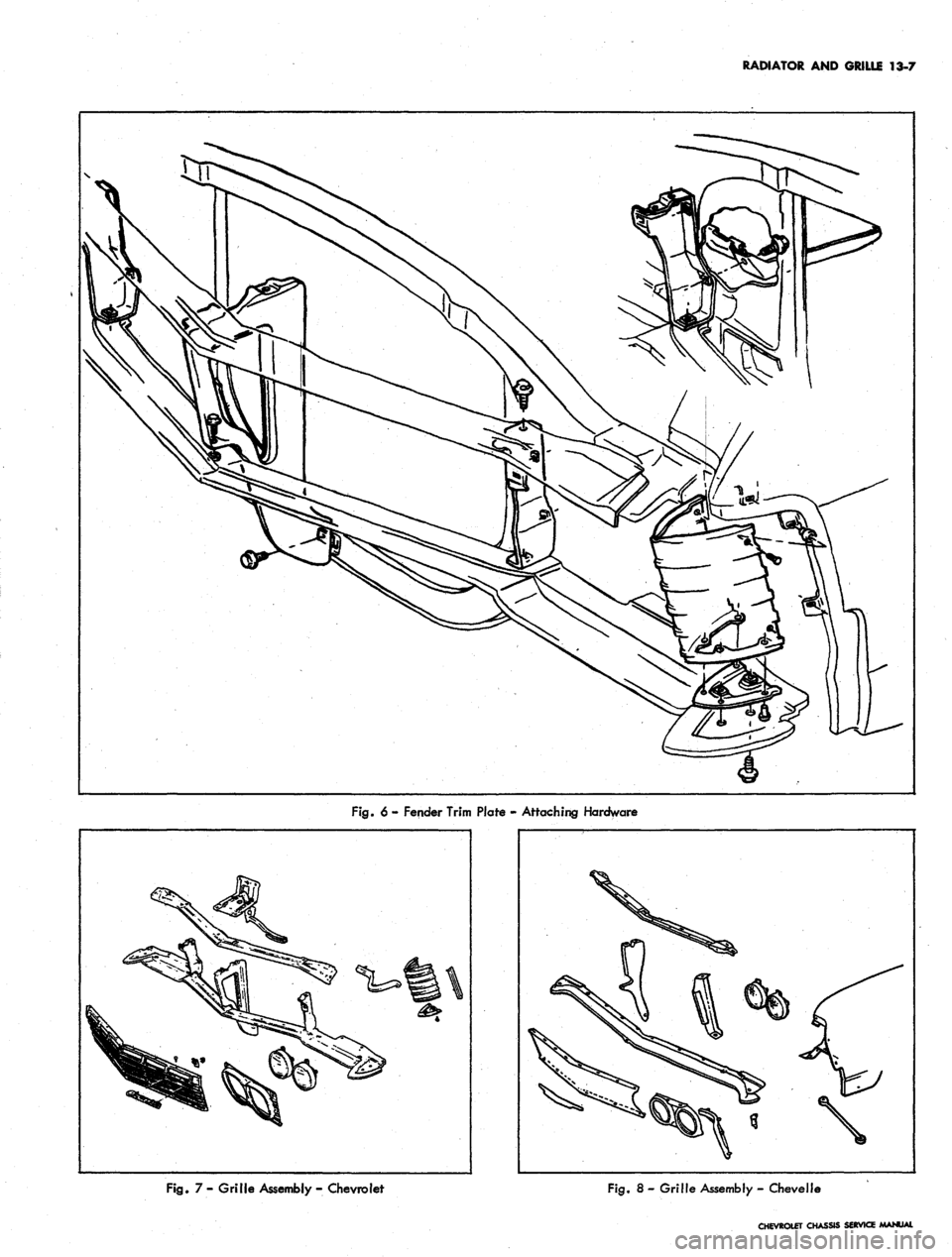 CHEVROLET CAMARO 1967 1.G Chassis Workshop Manual 
RADIATOR AND GRILLE 13-7

Fig.
 6 - Fender Trim Plate - Attaching Hardware

Fig.
 7 - Grille Assembly - Chevrolet 
Fig.
 8 - Grille Assembly - Ch eve lie

CHEVROLET CHASSIS SERVICE MANUAL 