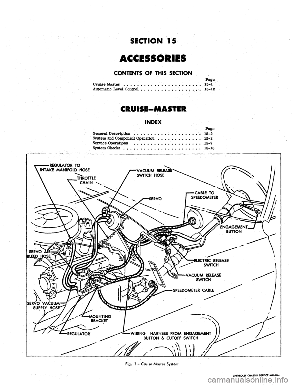 CHEVROLET CAMARO 1967 1.G Chassis Workshop Manual 
SECTION 15

ACCESSORIES

CONTENTS OF THIS SECTION

Page

Cruise Master . . . . .......... 15-1

Automatic Level Control 15-12

CRUISE-MASTER

INDEX

Page

General Description . 15-2

System and Compo