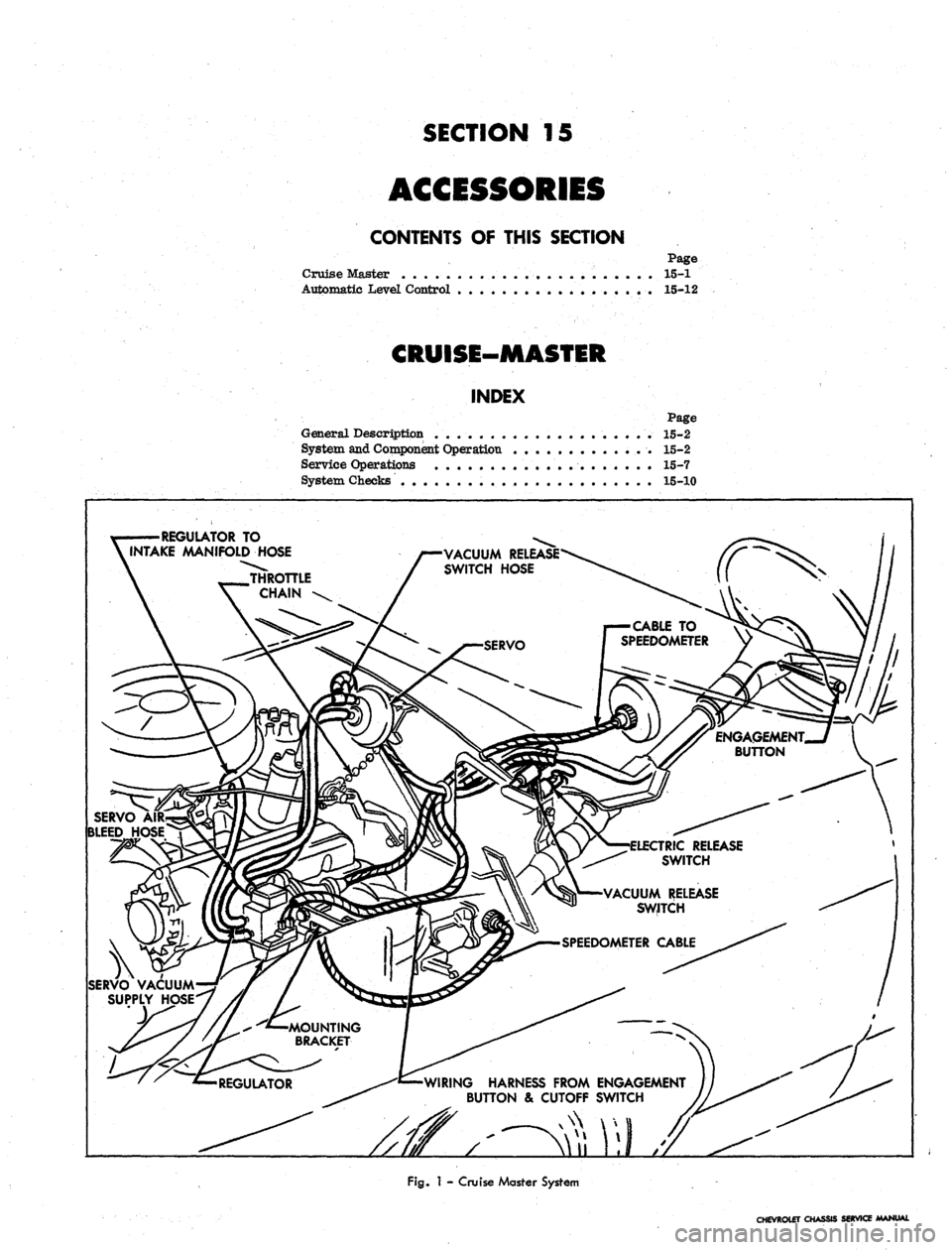 CHEVROLET CAMARO 1967 1.G Chassis Workshop Manual
SECTION 15
ACCESSORIES
CONTENTS OF THIS SECTION
Page
Cruise Master . . . . .......... 15-1
Automatic Level Control 15-12
CRUISE-MASTER
INDEX
Page
General Description . 15-2
System and Compo CHEVROLET CAMARO 1967 1.G Chassis Workshop Manual
SECTION 15
ACCESSORIES
CONTENTS OF THIS SECTION
Page
Cruise Master . . . . .......... 15-1
Automatic Level Control 15-12
CRUISE-MASTER
INDEX
Page
General Description . 15-2
System and Compo