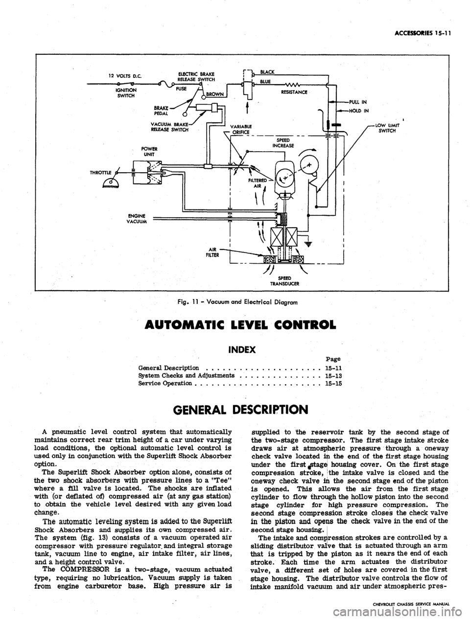 CHEVROLET CAMARO 1967 1.G Chassis Workshop Manual 
ACCESSORIES 15-11

12 VOLTS D.C. 
ELECTRIC BRAKE

RELEASE

IGNITION

SWITCH

ENGINE

VACUUM

TRANSDUCER

Fig.
 11 - Vacuum and Electrical Diagram

AUTOMATIC LEVEL CONTROL

INDEX

Page

General Descri