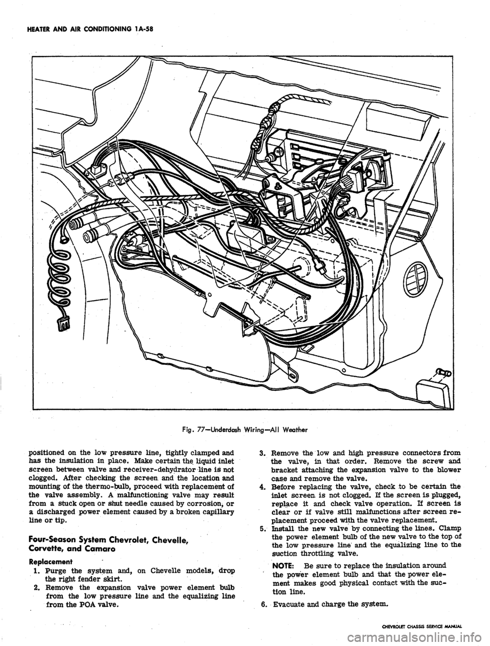 CHEVROLET CAMARO 1967 1.G Chassis Workshop Manual 
HEATER AND AIR CONDITIONING 1A-58

Fig.
 77-Underdash Wiring-All Weather

positioned on the low pressure line, tightly clamped and

has the insulation in place. Make certain the liquid inlet

screen 