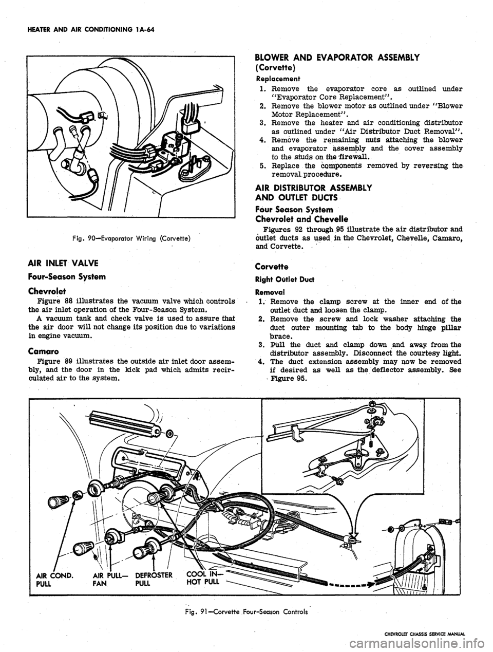 CHEVROLET CAMARO 1967 1.G Chassis Service Manual 
HEATER AND AIR CONDITIONING 1A-64

Fig.
 90—Evaporator Wiring (Corvette)

AIR INLET VALVE

Four-Season System

Chevrolet

Figure 88 illustrates the vacuum valve which controls

the air inlet operat