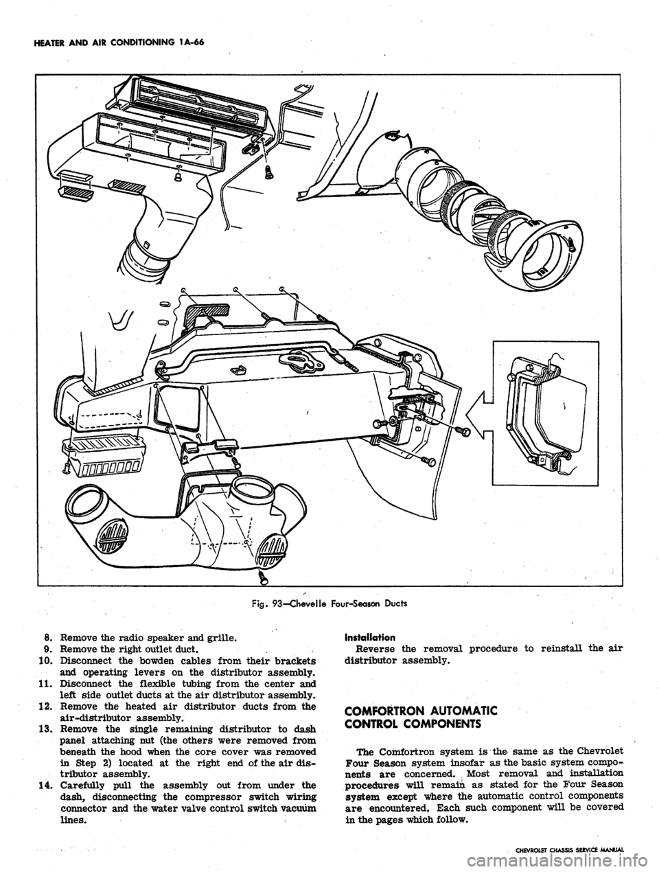 CHEVROLET CAMARO 1967 1.G Chassis Manual Online
HEATER AND AIR CONDITIONING 1A-66
Fig.
93—Chevelle Four-Season Ducts
8. Remove the radio speaker and grille.
9. Remove the right outlet duct.
10.
Disconnect the bowden cables from their brack CHEVROLET CAMARO 1967 1.G Chassis Manual Online
HEATER AND AIR CONDITIONING 1A-66
Fig.
93—Chevelle Four-Season Ducts
8. Remove the radio speaker and grille.
9. Remove the right outlet duct.
10.
Disconnect the bowden cables from their brack