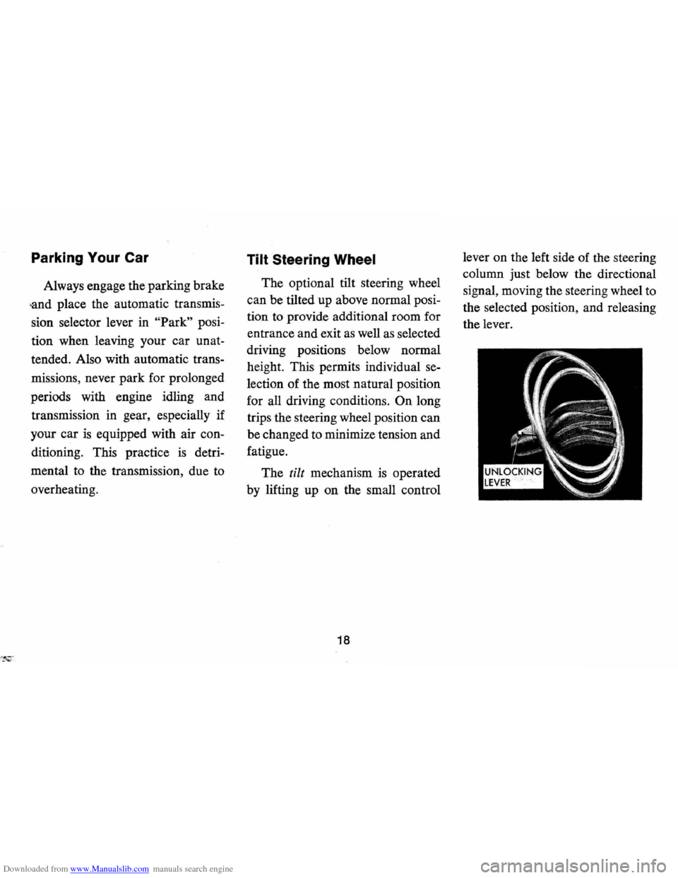 CHEVROLET CAMARO 1971 2.G Owners Manual Downloaded from www.Manualslib.com manuals search engine Parking Your Car 
Always  engage the parking  brake 
.and place the automatic  transmis­
sion  selector  lever in 
"Park" posi­
tion  when  l