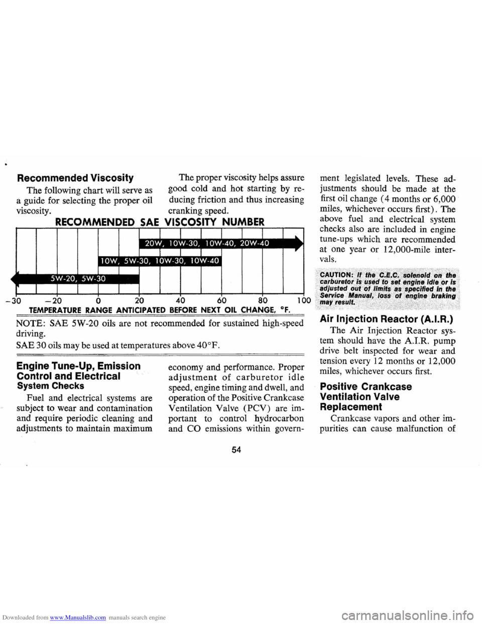 CHEVROLET CAMARO 1971 2.G Owners Manual Downloaded from www.Manualslib.com manuals search engine Recommended Viscosity 
The following  chart will serve as 
a  guide  for selecting  the proper  oil 
viscosity.  The 
proper  viscosity  helps 