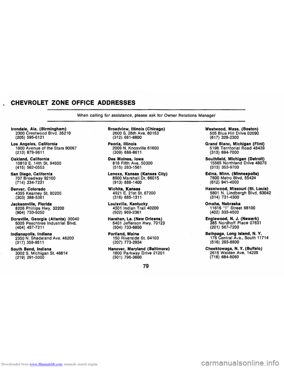 CHEVROLET CAMARO 1971 2.G Owners Manual Downloaded from www.Manualslib.com manuals search engine CHEVROLET ZONE OFFICE  ADDRESSES 
When calling for assistance,  please ask for Owner Relations  Manager 
Irondale, Ala. (Birmingham) 2300 Crest